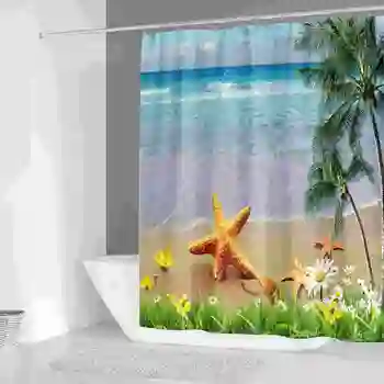 Pláž Textílie Sprchový Záves Kúpeľňa Opony Mora Conch Hviezdice Shell Tlač Nepremokavé Sprchový Záves