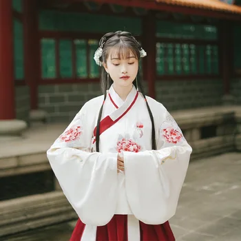 Výšivky Golier Čínsky Štýl Lady Hanfu Tradičné Dlhé Výkon Oblečenie Červené Šaty Tlač Kvet Kríž Krku Tang Oblek