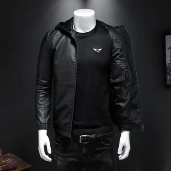2020 nové pánske zips s kapucňou kožené oblečenie kórejská verzia slim-montáž pevná motocykel PU kožené sako, veľkosť M-5XL
