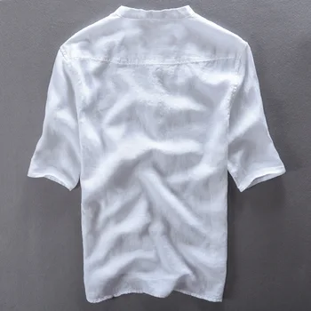 Pánske V-neck krátky rukáv čistá bielizeň t-shirt s botton modrá biele, khaki lete bežné t-shirts priedušná tees pre mužov
