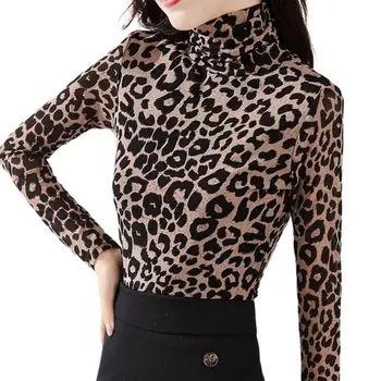 Ženy Blúzky Ženy Leopard Tlač Tričko Turtleneck Blúzka Žena Top Zimné Dámske Tričko S Dlhým Rukávom Dámske Oblečenie Žien Top