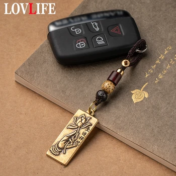 Mosadz Lotus Buddha Strane Tag Keychain Prívesok Šperky Vintage Módy Medi Auto Prívesok Na Zavesenie Luxusné Značky Keyring Závesy