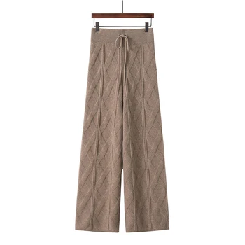 Cashmere argyle zrna hrubé pletené ženy širokú nohu, nohavice elastické šnúrkou pás rovné nohavice plný dlho M/L/XL