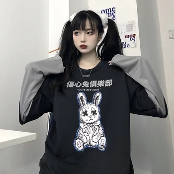 2020 Ženy Gotický T-shirts Harajuku Tmavé Králik Tlač, Šitie Falošné Dvoch-dielny Mikina s Dlhým Rukávom dámske Voľné BF Top