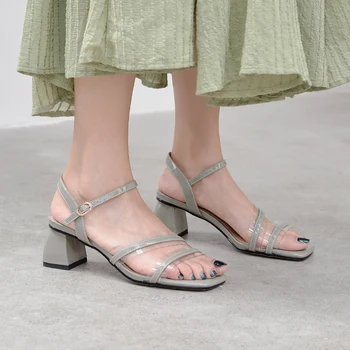 Veľká Veľkosť 34-43 Lete Ženy Sandále Elegantné Štvorcové Prst Námestie Päty Sandále Ríme Popruhu Topánky Žena Bežné Transparentné Pláži Obuvi