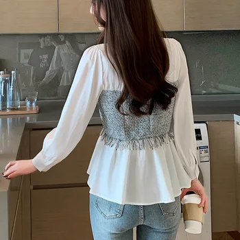 Plus veľkosť Pevné Biele Tričko s Dlhým Rukávom Módne Office Lady Topy kórejský Štýl Ženy Pozdĺžne Šifón Blúzka V-neck tričko Feminina