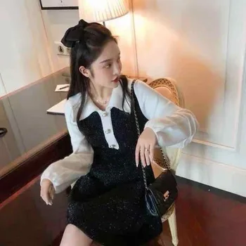 Tlačidlo Rukáv Pletené Dlhé Elegantné Ženy Sladké Mini Sveter Office Lady Vintage Jeden Kus Oblečenia Kórejský 2020 Zime