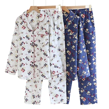 2021 Čerstvé Pyžamo Sady Ženy Gázy Bavlna Japonský Lete Dlhý Rukáv Bežné Sleepwear Ženy Jednoduché Roztomilý Medveď Pyžamá