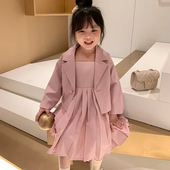 2 KS WLG Dievčatá Oblečenie Deti Boutique Oblečenie Jeseň Ružový Sivý Kabát a Šaty Set Baby Girl Fashion Všetkých Zápas Oblečenie pre 2-6 Rokov