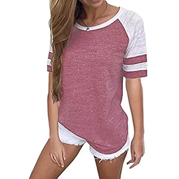Novo Ženy T-shirt Kontrast Voľné-Krátke rukávy Okrúhle Krčný Topy Letné Beach tričko ženy košele plus veľkosť ženy