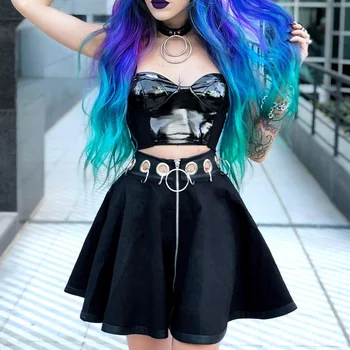 Gotický Punk Mini Sukne Ženy Železa Krúžok Šitie Dutých Zips, Čierna Vysoký Pás Skladaná Sukňa Goth Tmavé Harajuku Dievča Streetwear
