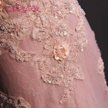 AXJFU Princezná ružová čipka kvet lištovanie crystal morská víla večerné šaty luxusné vintage o krk pagoda rukáv, ružová večerné šaty
