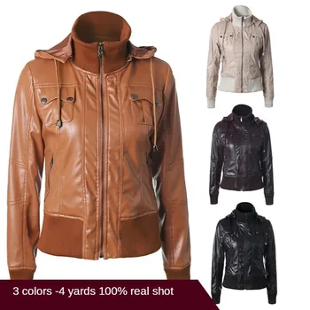 Európska a Americká krása rebra, šitie kapucňou šnúrkou vysoká krku zips PU kožené motocykel bunda jacket ženy