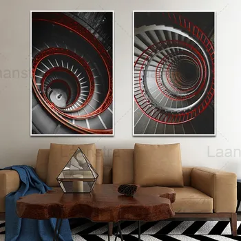 Retro Abstraktné Spiral, Red Schody Domáce Dekorácie Plátno Plagát Hd Tlač Wall Art Obývacia Izba, Spálňa Decor Maľovanie Bez Rámu