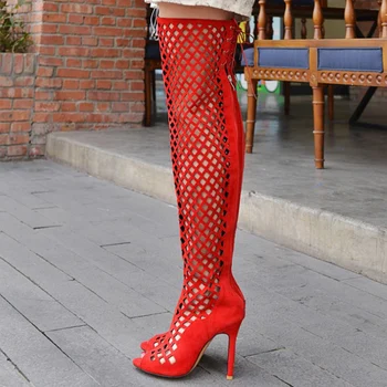 Je OBSADENÉ GRILE ML9094 farbou veľké veľkosti duté vysokej koleno nad kolená dámske sandále,Dámske červená vysoký podpätok topánky
