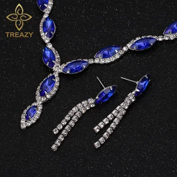 TREAZY Módne Leaf Strapec Svadobné Šperky Sady Royal Blue Crystal Choker Náhrdelníky Náušnice Nastaviť Svadobné Šperky Sady pre Ženy
