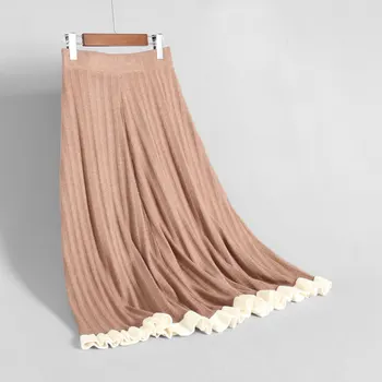 2020 Zime A-Line Sukne Ženy Elastické Vysoký Pás Skladaný Sukne Dámske Patchwork Sukne Femme Hrubé Pletené Sukne Ženy Streetwear