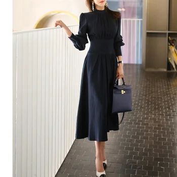2019 Jar Pevné A-line Šaty Ženy Plus Veľkosť Námornícka Modrá Plný lístkového Sleeve Stand krku Bežné Kancelárske Šaty Elegantné Šaty Práce
