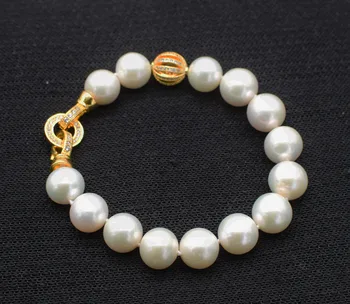 Sladkovodné perly AA biela kolo 11-12 mm náramok 7.5 palcový FPPJ veľkoobchod korálky prírody 14k zlata plátovaného spona