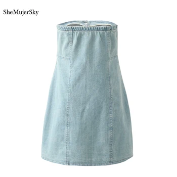 SheMujerSky Sexy Mimo Ramenný Blue Denim Mini Šaty Žien Slim Chudá Krátke Šaty 2019 vestidos de verano