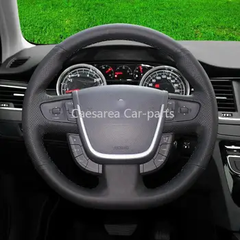 Custom-made Hand-steh Čiernom koženom Volante Vozidla Kryty Na Peugeot 308
