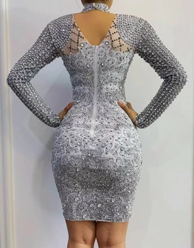 Luxusné Sequined Perly Ženám Drahokamu Šaty Módne O Krk Dlhý Rukáv Zips Späť o Jednu Veľkosť Narodeniny Oblečenie pre Ženy