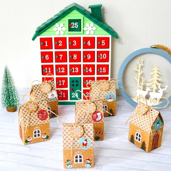 24 Sady Vianočný Dom Box Kraft Papier Candy Bag Snowflake Značky 1-24 Adventný Kalendár Nálepky Konopné Lano N09 20 Dropshipping