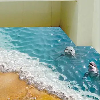 Letné Beach Samolepky na Stenu 3D Poschodí Delfíny Pláži Surfovanie Modré More Dekoratívne Samolepky pre Kúpeľne, Kuchyne Deti Plagát