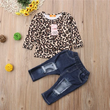 Baby Dievčatá Oblečenie Set Sa Jeseň Dieťa Batoľa Detský Leopard Hore Dlhý Rukáv T Shirt Roztrhlo Otvor Jeans Denim Nohavice, Šaty, Oblečenie
