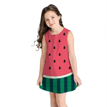 Dievča O-krku bez Rukávov 3D Digitálna Tlač Watermeloon Kolená Dĺžka-line Letné Šaty Roztomilý 3D Princezná Šaty Hore