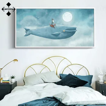 Modré Steny Umenie Obrázok Tichom Veľryba Plagát a Tlač Roztomilý Kreslený Maliarske Plátno pre Domáce Výzdoba Interiéru Jeden Kus Č Rám Tlač