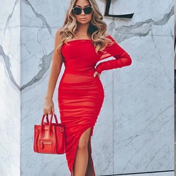 Celebrity red one-ramenný lomka krku sexy ženy Celebrity Elegantné dlhé rukáv Fashion Ženské Šaty vestido