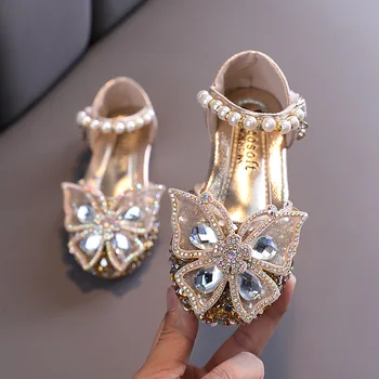 Módne Dievča Tanečné Topánky Crystal Sequin Pearl Dekorácie Motýľ Model Sandále Nízkom Podpätku, Baby, Deti, Ležérne Topánky