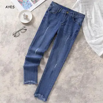 2019 Jeseň Plus Veľkosť Jean Polovice Pás Celej Dĺžke Bežné Denim Stretch Ceruzka Džínsy Pre Ženy Veľkosť Dámy Blue Jeans Denim