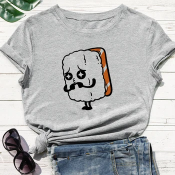 Kvalitné Odolné Biele Šedé dámske tričko Roztomilý Karikatúry Sushi Tlač Zábava T-shirt Punk Voľné O-krku Nadrozmerná Pop Tričko