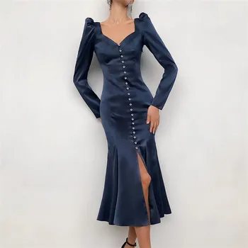 2021 Jar Nové dámske Šaty Elegent Elegantný francúzsky Slim Tlačidlo Vysoký Pás Lístkového Rukáv V krku Fishtail Strana Dlhé Šaty