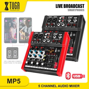XTUGA 5 Kanálov Audio Mixér s 2 Mobilný Telefón, Živé Vysielanie Rozhrania,Bluetooth,USB,pre Spev,PC Nahrávanie,Live Vysielanie