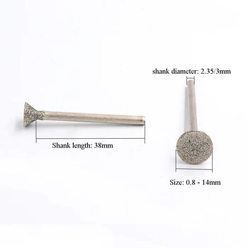 10PCS 0.8 mm - 10 mm Diamant Burr Brúsenie Bit 2.35/3 mm pre Rytie Rotačné Sklo, Kameň