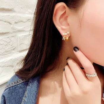Kórejský Elegantné Moon Star Pearl Stud Náušnice Pre Ženy 2019 Nové Trendy Drahokamu Mini Náušnice Šperky Veľkoobchod