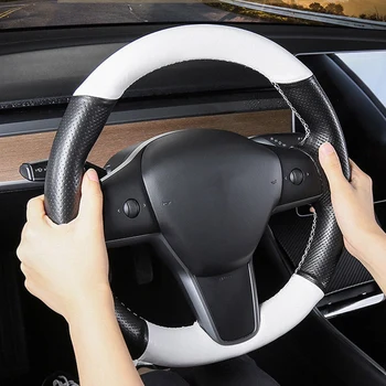 Auto Volant, Kryt, 5D Uhlíkových Vlákien&White PU Kože Ručne Šitý Riadenia Kryt pre Tesla Model 3 2017-2020