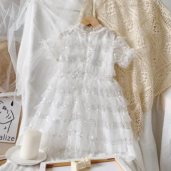 Dievčatá Princezná Šaty 2020 Nový Štýl Letné Baby Dievča Biela Šifón Krátky Rukáv Šaty Módne Sequin Oka Šaty