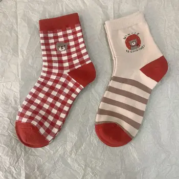 1 Pár Roztomilý Kreslený Žien Čisté Bavlnené Ponožky Červená Módne Medveď Ponožky Pohodlné, Priedušné A Všestranný a slávnostné