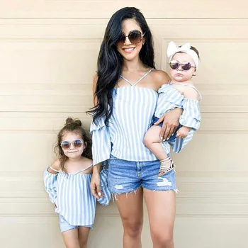 Mama A Dcéra Zodpovedajúce Oblečenie Pruhované tričká, Letné Topy Off-ramenný T Shirt Matka A Dcéra Oblečenie Rodiny Vzhľad