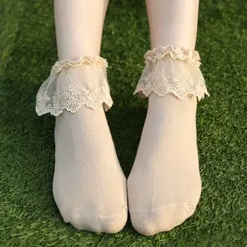 Ženy Čipky Prehrabať Lem Bavlnené Ponožky Naberaný Vintage Roztomilý Pohodlný Vlhkosti Wicking Módne Dievča Ponožky pre Balet,Tanec Hrať