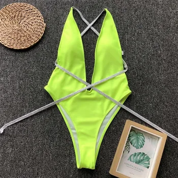 Sequin Pás Plavky jednodielne Plavky Neon Zelená plavky jednodielne Pevné Badpak 2019 Letné Beach celé plavky Bielej na Čiernu