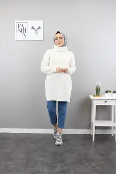 Islamský Pevné Tunika Tričko Pre Moslimské Ženy Korytnačka Krku Celý Rukáv Denim Sveter Žena 2021 Nové Módne Oblečenie Jeseň Tide