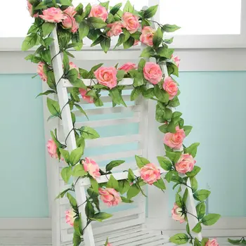 250 cm Falošné Hodváb Ruže Ivy Viniča Umelé Kvety s Zelené Listy Pre Domáce Svadobné Dekorácie, Závesné Garland Dekor