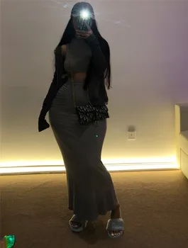 2020 Nové Zhodné Sady Night Club Oblečenie Sexy Šedá Dve Kus Ženy Obväz Tank Topy Slim Elegantné Šaty