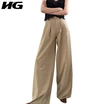 HG Vysoký Pás Širokú Nohu, Nohavice Módne Ženy, jednofarebné Skladaný Vrecko Plné Dĺžka Nohavice 2020 Jeseň Ležérny Štýl ZP3099