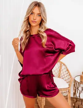 Nový štýl ženy, dve dielna sada solid farba imitácia hodvábu pyžamo domáce oblečenie vyhovovali krátky rukáv knickers nepravidelný tepláky
